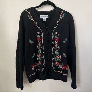Victoria Harbour black Christmas red poinsettia cardigan sweater vintage small